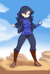 1girl 2024 20s abs black_eyes black_hair black_jacket black_pants blue_shirt boots breasts brown_boots cloud drantyno jacket long_hair long_sleeves looking_at_viewer open_clothes open_jacket original pants rock shirt sky small_breasts standing