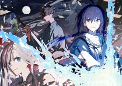 1boy 1other 2girls amenomurakumo-no-tsurugi_(fate) amulet androgynous black_hair blue_eyes blue_kimono braid braided_hair_rings command_spell divine_water_(fate) drawing_sword dress earrings fate/samurai_remnant fate_(series) fishing_net full_moon green_kimono hair_rings highres holding holding_sword holding_weapon japanese_clothes jewelry katana kimono leaf leaf_earrings maple_leaf miyamoto_iori_(fate) miyamoto_musashi_(fate) miyamoto_musashi_(woman_of_niten_ichiryuu)_(fate) moon multiple_girls ninjin_(ne_f_g_o) ogasawara_kaya orange_eyes ototachibana-hime_(fate) pink_hair print_sash sash single_sidelock sword topknot weapon white_dress white_kimono yamato_takeru_(fate)