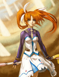 Rule 34 | 00s, 1girl, female focus, fingerless gloves, gloves, lyrical nanoha, magazine (weapon), magical girl, mahou shoujo lyrical nanoha, mahou shoujo lyrical nanoha strikers, no jacket, raising heart, shirogane kihen, sky, solo, takamachi nanoha, takamachi nanoha (exceed mode), twintails, white devil