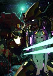 1girl brillen_schlange convenient_censoring decapitation empty_eyes energy_sword female_focus halo_(game) halo_(series) helmet highres pink_hair rain sangheili solo spartan_(halo) sword weapon