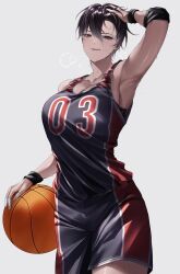 1girl absurdres arm_up armpits ball bandaged_fingers bandages basketball_(object) basketball_uniform black_hair black_shirt black_shorts breasts brown_eyes collarbone commentary cowboy_shot earrings heavy_breathing highres holding holding_ball jewelry large_breasts looking_at_viewer open_mouth original red_shirt red_shorts shirt short_hair shorts simple_background solo sportswear stud_earrings sweat symbol-only_commentary t-shirt teeth tomboy two-tone_shirt two-tone_shorts ulularts upper_teeth_only white_background
