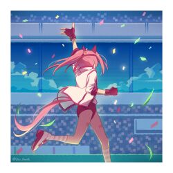 1girl animal_ears bandaid bandaid_on_leg border buruma commentary confetti crowd english_commentary fingerless_gloves gloves haru_urara_(umamusume) headband highres horse_ears horse_girl horse_tail jacket medium_hair pink_buruma pink_gloves pink_hair pink_trim ponytail racetrack racing red_headband running shoes sneakers socks solo_focus striped_clothes striped_socks tail teddy_(takarada) track_jacket twitter_username umamusume waving white_border white_jacket