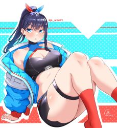 1girl arm_support artist_name bare_shoulders black_hair black_skirt black_sports_bra blue_eyes blue_jacket breasts cleavage cleavage_cutout clothing_cutout commentary feet_out_of_frame gridman_universe gridman_universe_(movie) jacket jk_arts large_breasts long_hair long_sleeves midriff miniskirt no_shoes off_shoulder parted_lips ponytail red_socks signature skirt socks solo sports_bra ssss.gridman takarada_rikka thigh_strap thighs twitter_username