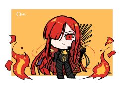 1girl artist_name black_bodysuit bodysuit cape chain chibi chibi_only collared_cape crest family_crest fate/grand_order fate_(series) fire gloves goma1021 hair_over_one_eye highres katana long_hair looking_at_viewer oda_nobunaga_(fate) oda_nobunaga_(maou_avenger)_(fate) oda_uri popped_collar red_cape red_eyes red_hair solo sword two-tone_background very_long_hair weapon white_background yellow_background