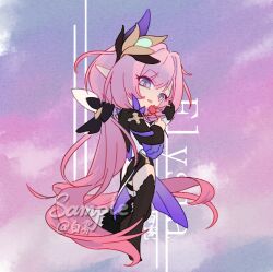1girl absurdres black_boots blue_eyes boots cape character_name chibi chibi_only chinese_commentary commentary_request elf elysia_(honkai_impact) elysia_(miss_pink_elf)_(honkai_impact) flower hair_ornament highres holding holding_flower honkai_(series) honkai_impact_3rd long_hair open_mouth pink_hair pointy_ears red_flower red_rose rose sample_watermark solo tanhuabaiwu very_long_hair watermark
