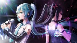 2girls absurdres aqua_eyes aqua_hair aqua_nails aqua_necktie aqua_trim arm_strap arm_tattoo audience bare_shoulders black_choker black_dress black_gloves black_hair black_headphones black_sleeves bow choker collared_shirt commentary cross-laced_clothes cross-laced_dress detached_sleeves dress dual_persona earrings english_commentary falling_petals flower frilled_choker frilled_gloves frills gloves glowstick hair_between_eyes hair_bow hair_ornament hatsune_miku highres holding holding_flower holding_microphone jewelry lipstick long_hair looking_ahead makeup microphone multiple_girls music necktie number_tattoo open_mouth petals porukana red_bow red_eyes red_flower red_rose rose shirt signature singing sleeveless sleeveless_shirt stage stage_lights standing tattoo twintails vocaloid white_shirt wide_sleeves