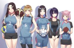 5girls ball bare_arms bare_shoulders basketball_(object) black_one-piece_swimsuit black_shorts black_skirt blonde_hair blue_eyes blue_hair blue_shirt blue_shorts blunt_bangs breasts brown_eyes brown_hair closed_mouth colored_inner_hair commentary_request cowboy_shot elbow_pads green_eyes hair_over_one_eye hand_on_own_hip highres holding holding_ball holding_table_tennis_paddle hongou_miyuki jacket jersey kitahara_aoba kusunoki_aroma large_breasts lineup long_hair looking_at_viewer medium_breasts medium_hair multicolored_hair multiple_girls one-piece_swimsuit open_clothes open_jacket pink_hair purple_eyes purple_hair red_hair sawaranaide_kotesashi-kun sayamagaoka_chiyo shadow shinjou_takuya shirt short_hair shorts skirt smile soccer_ball standing sumiyoshi_izumi swimsuit twintails volleyball_(object)