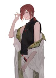 1boy 22kolink belt ensemble_stars! highres jacket jewelry looking_at_viewer male_focus necklace off_shoulder red_eyes red_hair sakasaki_natsume shirt sleeveless sleeveless_shirt smile solo turtleneck white_background white_jacket