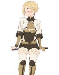Rule 34 | 1girl, absurdres, babywipes, black leotard, black shorts, blonde hair, blush, boots, closed eyes, closed mouth, commentary, covered navel, earrings, english commentary, feather earrings, feathers, fur-trimmed shorts, fur trim, highres, jewelry, knee boots, leotard, leotard under clothes, mushoku tensei, sara (mushoku tensei), short hair, shorts, simple background, sitting, smile, solo, thighhighs, white background, white thighhighs