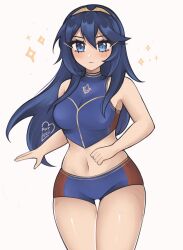 1girl armpit_peek artist_name bikini blue_bikini blue_eyes blue_hair blush breasts closed_mouth covered_collarbone crop_top eyebrows_hidden_by_hair fire_emblem fire_emblem_awakening fire_emblem_cipher gluteal_fold gold_hairband hair_between_eyes hairband highres long_hair looking_at_viewer luci_(purrlucii) lucina_(fire_emblem) medium_breasts navel nintendo official_alternate_costume short_shorts shorts signature sleeveless sleeveless_turtleneck solo sparkle standing swimsuit thighs turtleneck very_long_hair