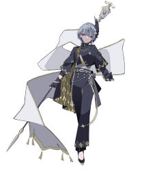 Rule 34 | 1girl, absurdres, black gloves, black pantyhose, black shirt, blue eyes, blue hair, cloak, cropped shirt, dullahan, gloves, hair ornament, highres, holding, hololive, hoshimachi suisei, hoshimachi suisei (shout in crisis), looking at viewer, minmin2563, pantyhose, shirt, short hair, simple background, solo, standing, star (symbol), virtual youtuber, white background