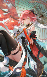 1girl absurdres ahoge bare_shoulders black_bow black_collar black_jacket black_thighhighs body_markings bow braid breasts changli_(wuthering_waves) chinese_commentary collar colored_extremities commentary_request crossed_legs dress hair_bow hair_extensions hair_ornament highres holding holding_umbrella hua_si jacket large_breasts multicolored_hair oil-paper_umbrella pink_hair red_hands ring_hair_extensions sitting solo tacet_mark_(wuthering_waves) thigh_strap thighhighs thighs twin_braids two-tone_hair umbrella white_dress white_hair white_umbrella wuthering_waves