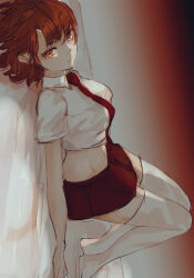 Rule 34 | 1girl, androssi zahard, breasts, brown hair, collared shirt, colored eyelashes, cropped shirt, gradient background, horns, looking at viewer, lying, miniskirt, necktie, on back, on bed, orange background, orange hair, original, red necktie, red skirt, school uniform, shirt, short hair, simple background, single horn, skirt, solo, spyairi, thighhighs, thighs, tower of god, two-tone background, white background, white shirt, white thighhighs