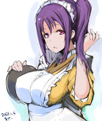 1girl apron birthday blush breasts commentary dated gengoroh highres holding holding_tray kazuno_sarah large_breasts long_hair looking_at_viewer love_live! love_live!_sunshine!! maid_apron maid_headdress pink_eyes purple_hair side_ponytail sidelocks solo tray upper_body white_background