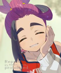 Rule 34 | 1boy, black hair, blush, closed eyes, commentary request, creatures (company), facing viewer, game freak, grin, head rest, highres, jacket, kieran (pokemon), long sleeves, male focus, multicolored hair, nintendo, off shoulder, pokemon, pokemon sv, portrait, purple hair, red tank top, smile, solo, tank top, white jacket, yupiteru