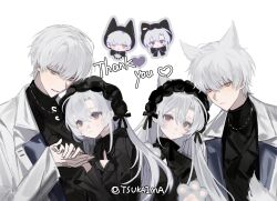 1boy 1girl 2boys 2girls animal_ears black_dress black_hairband black_shirt cat_ears chibi chibi_inset commission dress frills grey_eyes grey_hair hair_between_eyes hair_ornament hairband highres holding_hands jacket jewelry long_hair minirai0707 multiple_boys multiple_girls necklace original purple_eyes shirt short_hair siblings white_background white_hair white_jacket yellow_eyes