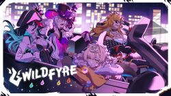 4girls ahoge animal_collar aqua_eyes aqua_hair arm_behind_head arms_up artist_request asymmetrical_clothes bicorne black_bra black_collar black_corset black_gloves black_hair black_hat black_jacket black_pants blue_hair bra breasts building car cersea_soulstorm cleavage closed_eyes closed_mouth collar collarbone colored_inner_hair corset crossed_bangs daisy_dandelion detached_sleeves eyepatch fingerless_gloves gloves grey_hair hair_between_eyes hat highres idol_corp jacket jewelry lion_girl long_hair long_sleeves motor_vehicle multicolored_hair multiple_girls necklace night open_clothes open_jacket open_mouth open_shirt orange_hair pants pink_hair pom_pom_(clothes) riki_poppet sharp_teeth shirt single_pantsleg skyscraper studded_jacket stuffed_animal stuffed_rabbit stuffed_toy sunglasses tank_top teeth torn_clothes torn_tank_top underwear virtual_youtuber white_shirt white_tank_top yellow_eyes yena_youngblood