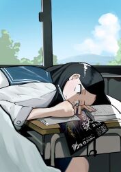 1girl 1other black_hair blue_sailor_collar blue_sky book classroom closed_mouth day desk flyer head_on_table indoors itochin_d long_sleeves open_book original paper sailor_collar school_desk school_uniform serafuku shirt sitting sky solo_focus white_shirt window writing