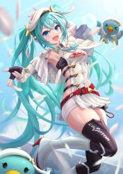 &gt;_&lt; 1girl absurdres aqua_eyes aqua_hair aqua_necktie arm_up armpits belt beret bird black_gloves blue_bird blue_sky boots braid braided_bangs brooch cape cloud cloudy_sky crossed_bangs day detached_sleeves dot_nose fang fingerless_gloves flag floating_cape floating_hair gloves gold_trim grey_thighhighs hair_between_eyes hair_ribbon hanegaito hat hatsune_miku head_tilt highres holding holding_flag jewelry light_blush logo long_hair long_sleeves looking_at_viewer necktie official_alternate_costume outdoors racing_miku racing_miku_(2023) red_belt ribbon short_necktie short_shorts shorts sideless_outfit sidelocks single_braid skin_fang sky sleeve_cuffs smile solo sparkle_hair_ornament sunlight thick_thighs thigh_boots thighhighs thighs twintails very_long_hair vocaloid white_boots white_cape white_hat white_ribbon white_shorts