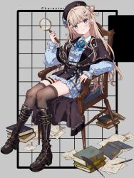 Rule 34 | 1girl, absurdres, black boots, black hat, black skirt, black thighhighs, blonde hair, blue eyes, blue ribbon, blue shirt, blue skirt, blunt bangs, book, boots, brooch, capelet, center frills, chair, commentary request, frilled skirt, frills, grey background, grid background, hair rings, half-skirt, hat, highres, holding, holding magnifying glass, indie virtual youtuber, jewelry, knee boots, lapel pin, lapels, long hair, looking at viewer, magnifying glass, neck ribbon, nib pen (object), notched lapels, on chair, pen, plaid clothes, plaid hat, plaid skirt, platform boots, puffy sleeves, quill, ribbon, second-party source, shirt, shirt tucked in, shoe buckle, sidelocks, sitting, skirt, solo, thigh strap, thighhighs, two-tone hat, virtual youtuber, yayamugi (vtuber), yutsumoe