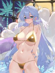 1girl alternate_costume animated animated_gif armpit_crease arms_behind_back bare_shoulders bikini blue_nails blush breasts bubble censored closed_mouth collarbone cowboy_shot earrings embarrassed feathered_wings gold_bikini green_eyes groin hair_between_eyes hair_intakes halo hand_up head_wings honkai:_star_rail honkai_(series) indoors jewel_under_eye jewelry large_breasts long_hair looking_at_viewer mosaic_censoring nail_polish navel nipples paid_reward_available purple_hair pussy robin_(honkai:_star_rail) smile solo stomach string_bikini swimsuit very_long_hair wading water waterring wet wings
