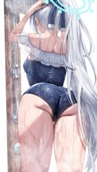 1girl absurdres arms_up ass back blue_archive blue_halo blue_one-piece_swimsuit bow breasts commentary_request enoha frilled_one-piece_swimsuit frills from_behind hair_bow halo hand_in_own_hair highres long_hair miyako_(blue_archive) miyako_(swimsuit)_(blue_archive) off-shoulder_one-piece_swimsuit off_shoulder official_alternate_costume one-piece_swimsuit ponytail shower_(place) showering simple_background small_breasts solo standing swimsuit thighs very_long_hair wet white_background white_hair