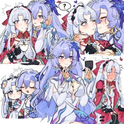 2girls ? after_kiss ahoge baya0l black_gloves blue_hair breasts cantarella_(wuthering_waves) carlotta_(wuthering_waves) chibi cleavage closed_mouth cosmetics dress embarrassed gloves grey_hair hair_between_eyes hand_mirror hashtag-only_commentary heart highres holding holding_lipstick_tube holding_mirror lipstick_mark lipstick_tube looking_at_another mirror multiple_girls multiple_views musical_note parted_lips simple_background smile spoken_question_mark twitter_username white_background white_dress wuthering_waves yuri