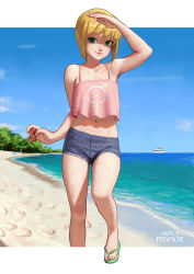 1boy ? artist_name bare_shoulders beach blonde_hair boku_no_pico camisole carlo_montie collarbone commentary crop_top crop_top_overhang day english_commentary eyelashes flip-flops green_eyes highres horizon lips looking_at_viewer male-female_symbol male_focus midriff navel ocean outdoors outside_border pico_(boku_no_pico) sand sandals shading_eyes short_hair short_shorts shorts sky smile solo spaghetti_strap sunlight trap walking water