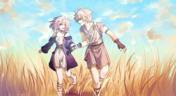 Rule 34 | 1boy, 1girl, 2875 ple, black gloves, blue sky, breasts, coat, cyrene (honkai: star rail), dress, fingerless gloves, gloves, grey shirt, grey shorts, hashtag-only commentary, highres, holding hands, honkai: star rail, honkai (series), looking at another, open mouth, outdoors, phainon (honkai: star rail), pink hair, purple coat, shirt, short hair, shorts, sky, small breasts, wheat, wheat field, white dress, white hair