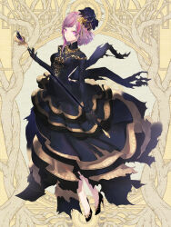 1boy ame_tyaya asymmetrical_sidelocks back_bow black_dress black_flower black_gloves black_rose black_shoes blunt_ends bow breasts cane cleavage covered_collarbone dairoku_ryouhei dress fascinator flower full_body gloves gold_necklace gold_trim gown high_heels holding holding_cane jewelry layered_dress long_dress long_sleeves looking_at_viewer medium_breasts medium_hair multicolored_hair necklace parted_lips pink_eyes pink_hair purple_hair rose see-through_cleavage see-through_clothes shoes sideways_glance solo standing streaked_hair swept_bangs torn_clothes torn_dress turtleneck two-tone_dress yellow_background yellow_dress