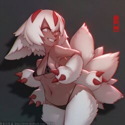 1girl :d animal_ears artist_name black_background black_panties body_fur clenched_teeth commentary cowboy_shot dark-skinned_female dark_skin extra_arms facebook_username faputa fewer_digits grin hair_between_eyes looking_to_the_side made_in_abyss monster_girl multiple_tails navel open_mouth outie_navel panties short_hair sidelocks smile solo string_panties tail tearing_up teeth thighs underwear watermark web_address white_fur white_hair yellow_eyes zhaoyebai