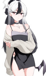 1girl absurdres black_choker black_dress black_hair black_horns black_wings blue_archive blush choker cowboy_shot demon_horns demon_wings dress ear_piercing earrings grey_halo grey_jacket hair_between_eyes halo highres horns isocha jacket jewelry kayoko_(blue_archive) kayoko_(dress)_(blue_archive) long_hair long_sleeves multicolored_hair official_alternate_costume open_clothes open_jacket parted_lips piercing red_eyes simple_background single_wing solo thigh_strap white_background white_hair wings