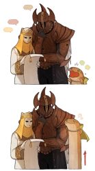 1boy 2girls 2koma armor bracer breastplate cape cloak comic cropped_torso crucible_knight donar0217 dress elden_ring full_armor gloves green_cloak helmet lady_tanith_(elden_ring) mask multiple_girls parody pauldrons rya_(elden_ring) scroll shoulder_armor speech_bubble stretching veil waist_cape white_dress white_gloves