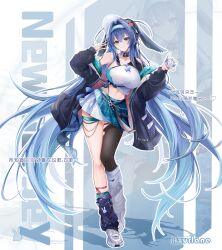 Rule 34 | 1girl, absurdres, alternate costume, animal print, asymmetrical legwear, azur lane, banchiyuebai, belt, black belt, black hat, black jacket, black thighhighs, blue eyes, blue hair, blue hairband, blue skirt, breasts, character name, copyright name, crop top, full body, hair intakes, hairband, hat, highres, holding, jacket, jewelry, large breasts, layered skirt, leaning to the side, leg belt, leg warmers, linea alba, long hair, long sleeves, looking at viewer, midriff, miniskirt, mismatched legwear, necklace, new jersey (azur lane), off shoulder, open clothes, open jacket, plaid clothes, plaid skirt, pleated skirt, rabbit print, shirt, shoes, single strap, single thighhigh, skirt, smile, sneakers, solo, standing, star (symbol), star necklace, star print, thighhighs, torn clothes, torn thighhighs, very long hair, white shirt, white shoes, y2k fashion, zoom layer