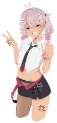 1girl akitetsu crop_top double_v fishnets flat_chest gradient_hair grey_hair highres looking_at_viewer matsukai_mao matsukai_mao_(4th_costume) multicolored_hair navel necktie nijisanji pink_hair purple_eyes short_shorts shorts simple_background smile solo teeth twintails two-tone_hair v white_background