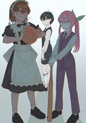 1girl 2boys alternate_costume alternate_hairstyle antenna_hair aubrey_(omori) ball basketball_(object) black_hair black_necktie black_shoes black_shorts blue_eyes blue_ribbon brown_eyes brown_hair butler closed_mouth collared_shirt dark-skinned_male dark_skin enmaided female_butler gradient_background grin hair_ribbon highres holding holding_ball kel_(faraway)_(omori) kel_(omori) long_hair long_sleeves looking_at_viewer maid maid_headdress msdnno_kabe multiple_boys necktie omori pants pink_hair ponytail puffy_short_sleeves puffy_sleeves ribbon shirt shoes short_sleeves shorts smile socks sunny_(omori) teeth white_shirt white_socks