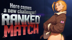 1girl absurdres antenna_hair ass blonde_hair blue_eyes cammy_white facial_scar green_leotard hands_in_pockets hichi highleg highleg_leotard highres jacket leotard scar scar_on_cheek scar_on_face short_hair solo street_fighter street_fighter_6 thong_leotard