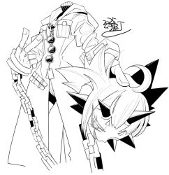Rule 34 | 1girl, ahoge, black outline, greyscale, looking at viewer, messy hair, monochrome, mura kuroe, original, outline, salute, sharp teeth, solo, spikes, teeth, two-finger salute