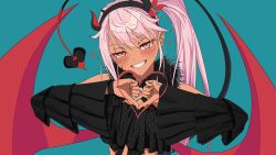 Rule 34 | 19 chisinlo, 1girl, blush, chloe von einzbern, chloe von einzbern (fgo fes. 2025), crop top, dark-skinned female, dark skin, demon tail, demon wings, detached sleeves, fate/grand order, fate/kaleid liner prisma illya, fate (series), fur collar, heart, highres, long hair, looking at viewer, orange eyes, pink hair, side ponytail, smile, solo, tail, upper body, wings