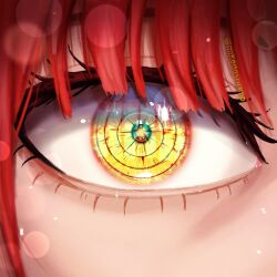 1girl artist_name chainsaw_man close-up commentary english_commentary eye_focus eyelashes green_pupils highres instagram_username light_particles looking_at_viewer makima_(chainsaw_man) mikedashrimp red_hair ringed_eyes solo yellow_eyes