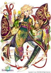 Rule 34 | 1girl, :d, acacia (flower knight girl), animal, blonde hair, boar, chinese zodiac, city forest online, copyright name, female focus, floral print, flower, flower knight girl, full body, green kimono, hair flower, hair ornament, happy, japanese clothes, kimono, looking at viewer, obi, official art, open mouth, print kimono, purple eyes, sandals, sash, short hair, simple background, smile, smoke, solo, sword, weapon, white background, year of the pig