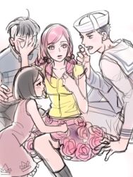 1girl 3boys birthmark black_eyes black_hair blue_eyes blunt_bangs child covered_face dixie_cup_hat dress hat higashikata_joshu higashikata_josuke_(jojolion) higashikata_tsurugi hirose_yasuho jojo_no_kimyou_na_bouken jojolion military_hat multiple_boys open_mouth parted_lips pink_eyes pink_hair reammara sailor surrounded trap white_background