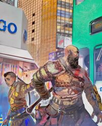 3boys anachronism arm_guards atreus bald beard bow_(weapon) building bus city commentary english_commentary facial_hair father_and_son god_of_war highres kratos_(god_of_war) little_thunder male_focus mimir_(god_of_war) mohawk motor_vehicle multiple_boys undercut weapon weapon_on_back