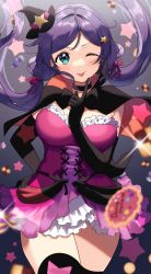 Rule 34 | 1girl, :p, absurdres, aqua eyes, black capelet, black choker, black gloves, black thighhighs, blush, breasts, capelet, choker, closed mouth, commentary request, dancing stars on me!, dress, elbow gloves, frilled dress, frilled skirt, frills, gloves, hair ornament, hair ribbon, hairclip, halloween, hand on own hip, hat, highres, index finger raised, kazepana, large breasts, long hair, looking at viewer, love live!, love live! school idol project, low twintails, mini hat, mini witch hat, miniskirt, official alternate costume, parted bangs, pink dress, pink ribbon, purple hair, red capelet, ribbon, short dress, skirt, smile, solo, strapless, strapless dress, thighhighs, tilted headwear, tongue, tongue out, tojo nozomi, tube dress, twintails, two-sided capelet, v-shaped eyebrows, white skirt, witch, witch hat