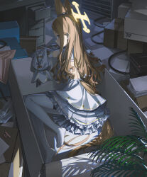 1girl absurdres animal_ears backless_dress backless_outfit blonde_hair blue_archive blush box cardboard_box commentary_request cross_halo detached_sleeves dor_m drawer dress extra_ears feet flower fox_ears fox_girl fox_tail frilled_skirt frills hair_flower hair_ornament halo high_heels highres loli long_hair long_tail looking_at_viewer looking_back millennium_science_school_logo open_drawer pantyhose pinstripe_pantyhose plant seia_(blue_archive) shoes sidelocks skirt sleeves_past_fingers sleeves_past_wrists solo striped_clothes striped_pantyhose tail thighhighs toes unworn_shoes vertical-striped_clothes vertical-striped_pantyhose very_long_hair white_dress yellow_eyes yellow_halo