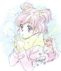 1girl 1other bow coat cold colored_pencil_(medium) fur-trimmed_coat fur_trim graphite_(medium) highres kawamura_toshie light_blush milk_(yes!_precure_5) pink_coat pink_eyes pink_hair precure red_bow signature star_(symbol) traditional_media two_side_up yes!_precure_5 yumehara_nozomi