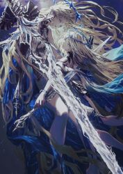 2girls bare_legs bare_shoulders black_collar blonde_hair blue_eyes breasts cartethyia_(wuthering_waves) closed_mouth collar commentary_request crown_of_thorns dual_persona earrings fleurdelys_(wuthering_waves) highres holding holding_sword holding_weapon jewelry large_breasts legs long_hair looking_at_viewer multiple_girls pointy_ears sword tabard weapon white_tabard wuthering_waves yoshi_(houndbell)