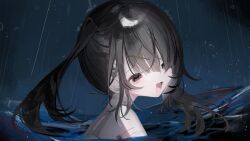 1girl :d afloat ame-chan_(needy_girl_overdose) atmospheric_perspective black_eyes boat bra_strap dark hair_ornament hair_over_one_eye highres in_water looking_at_viewer looking_back mika3kami multiple_scars needy_girl_overdose open_mouth rain scar scar_on_arm self-harm_scar short_twintails sidelocks smile twintails watercraft waves wrist_cutting x_hair_ornament