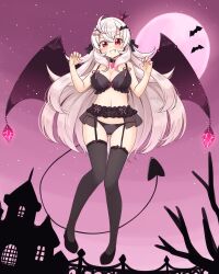 1girl ahoge bat_(animal) bat_hair_ornament black_bra black_choker black_footwear black_garter_belt black_headwear black_panties black_thighhighs black_wings bow bow_bra bow_panties bra breasts choker cleavage commentary crown crystal demon_tail demon_wings floating full_moon garter_belt gluteal_fold grey_hair grin hair_ornament hairclip heart heart_hair_ornament high_heels highres indie_virtual_youtuber lingerie long_hair looking_at_viewer medium_breasts mini_crown mole mole_under_eye moon night night_sky outdoors panties pink_sky red_eyes shiraha_maru sky smile smirk solo star_(sky) starry_sky tail thighhighs tilted_headwear underwear urato_chieru very_long_hair wings x_hair_ornament