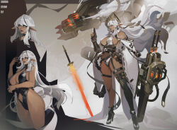 1girl blunt_bangs boots breasts choker cleavage dark_skin garter_belt garter_straps gloves goggles goggles_on_head high_heel_boots high_heels highres large_breasts leotard long_hair mecha mecha_musume navel original partially_fingerless_gloves pointy_ears robot sideboob single_thighhigh smjim1986 standing swimsuit sword tan thigh_strap thighhighs very_long_hair warrior weapon white_hair yellow_eyes